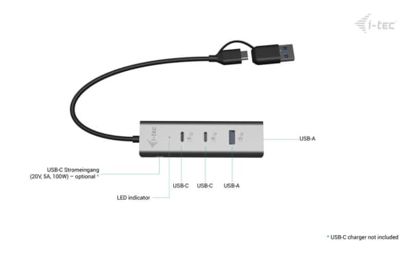 i-tec Metal CAHUBMETAL2A2CPD, USB 3.2 Gen 1 (3.1 Gen 1) Type-A + Type-C, USB 3.2 Gen 1 (3.1 Gen 1) Type-A, USB 3.2 Gen 1 (3.1 Gen 1) Type-C, 5000 Mbi