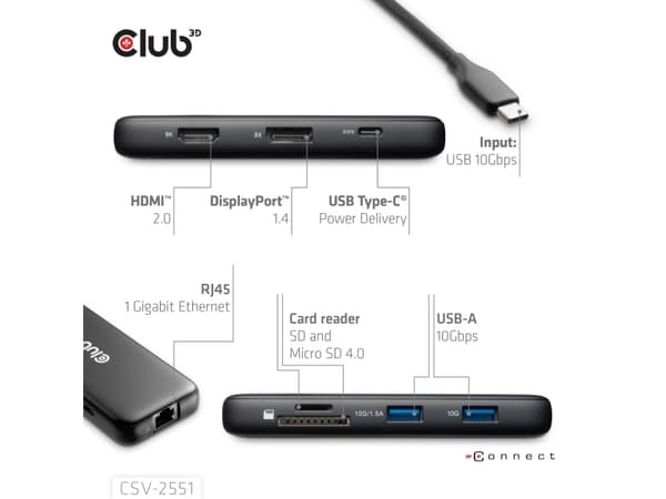 CLUB3D 8-1 Portable Dock USB Type-C® 10Gbps to HDMI™ and DisplayPort™ 8K30Hz PD Max.100Watt, USB Type-C, HP DELL LENOVO MAC APPLE WINDOWS ACER ASUS