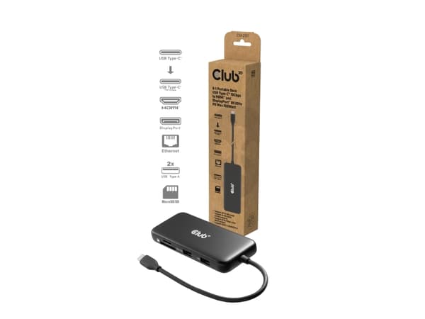 CLUB3D 8-1 Portable Dock USB Type-C® 10Gbps to HDMI™ and DisplayPort™ 8K30Hz PD Max.100Watt, USB Type-C, HP DELL LENOVO MAC APPLE WINDOWS ACER ASUS