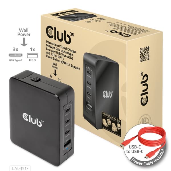 Club 3D CAC-1917 - strømforsyning - GaN teknologi - 140 watt - 5 A - Strømforsyning 3.1, PD/PPS - 4 udgangsporte (USB, 3 x USB-C) - på kabel: USB-C -