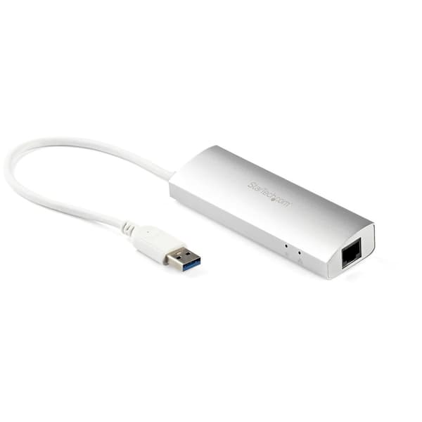 3-ports bærbart aluminium USB 3.0-hub med Gigabit Ethernet-netværksadapter integreret kabel Sølv, Hvid