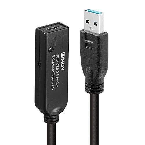 Lindy 20m USB 3.0 aktiv förlängning typ A till C 20m förlängning för en USB typ C-enhet på en USB typ A-dator (43375)