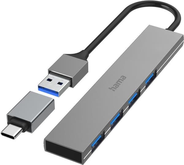 Hama USB Hub, 4 portar, USB 3.2 Gen1, 5 Gbit/s, Ultra Slim, inkl USB-C-adapter (00200141)