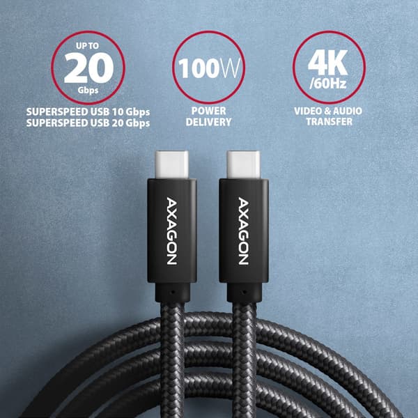 AXAGON BUCM32-CM20AB USB-C 3.2 Gen 2 till USB-C 3.2 Gen 2-kabel, svart - 2m