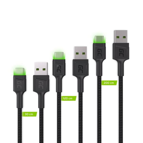 Green Cell Set 3x GC Ray USB-C-kabel 30 cm, 120 cm, 200 cm med grön LED-bakgrundsbelysning, snabbladdning UC, QC 3.0