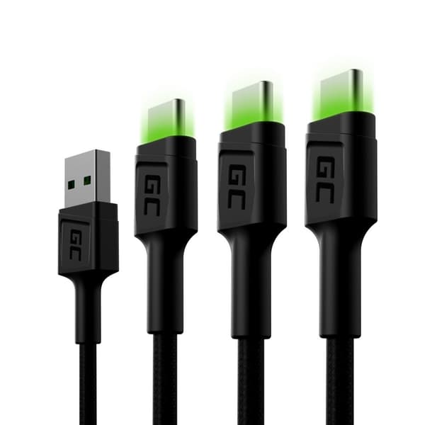 Green Cell Set 3x Ray USB-C 120cm kabel med grön LED-bakgrundsbelysning, snabbladdning Ultra Charge, QC 3.0