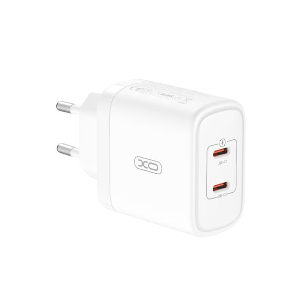 XO USB-laturi, jossa 2xUSB-C PD 50W - Valkoinen