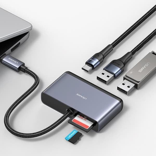 USAMS 5in1 Adapter Hubb USB-C, 2xUSB-A, TF, SD - Grå