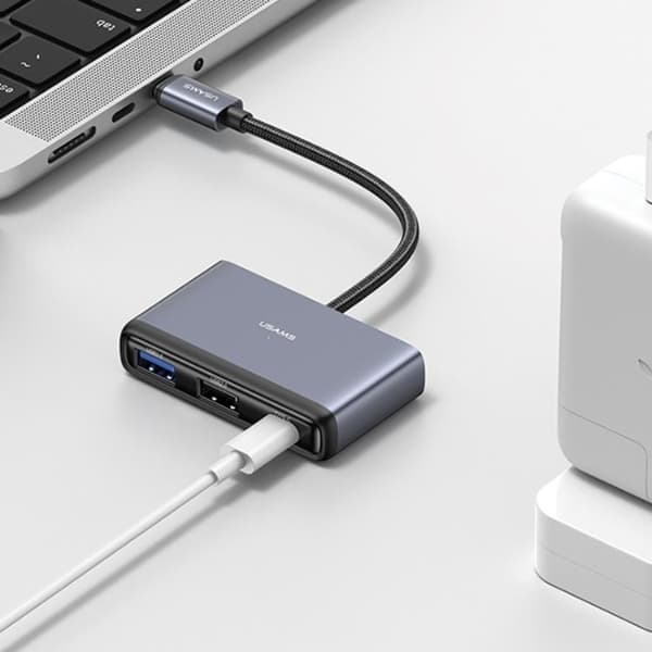 USAMS 5in1 Adapter Hubb USB-C, 2xUSB-A, TF, SD - Grå