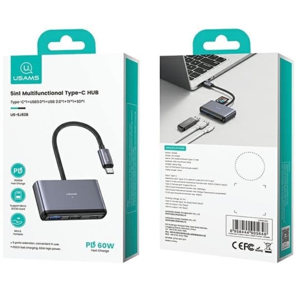 USAMS 5in1 Adapter Hubb USB-C, 2xUSB-A, TF, SD - Grå