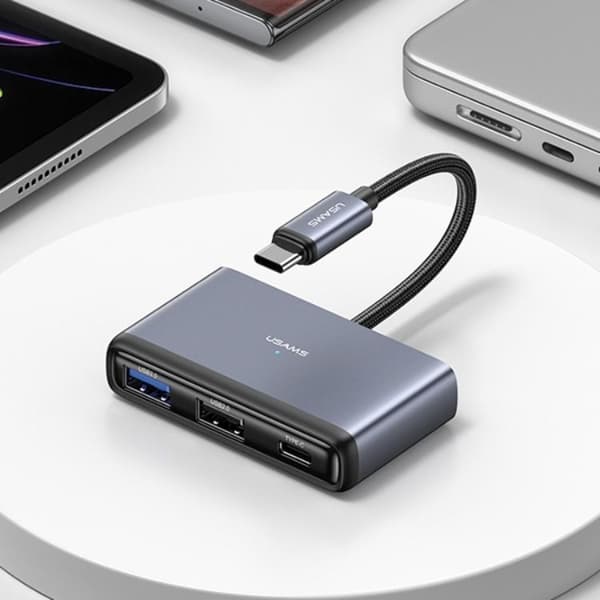 USAMS 5in1 Adapter Hubb USB-C, 2xUSB-A, TF, SD - Grå