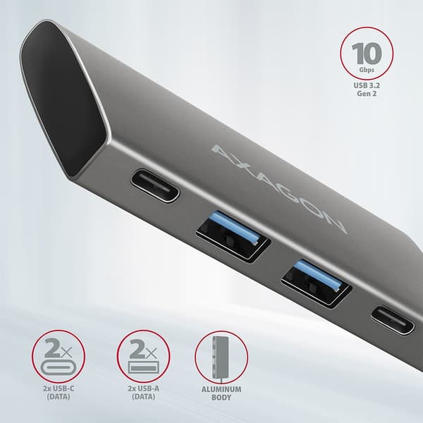 Axagon HMC-4G2 interface-hub USB 3.2 Gen 2 (3.1 Gen 2) Type-C 10000 Mbit/s Grå
