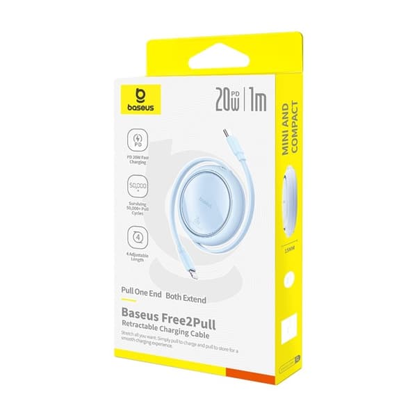 Baseus Free2Pull udvideligt USB C til iP Lightning hurtigopladerkabel 1 m 20 W Blå