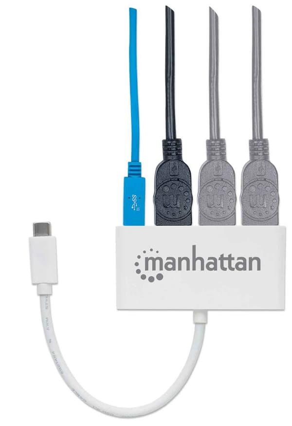 Manhattan USB-C Dock/Hub, Porte (x4): USB-A (x3) og USB-C, 5 Gbps (USB 3.2 Gen1 aka USB 3.0), Med strømforsyning (60W) til USB-C-port (Bemærk ekstra U