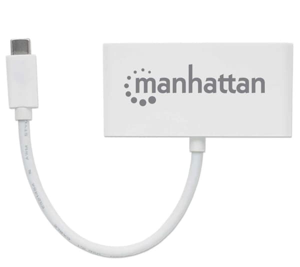 Manhattan USB-C Dock/Hub, Porte (x4): USB-A (x3) og USB-C, 5 Gbps (USB 3.2 Gen1 aka USB 3.0), Med strømforsyning (60W) til USB-C-port (Bemærk ekstra U
