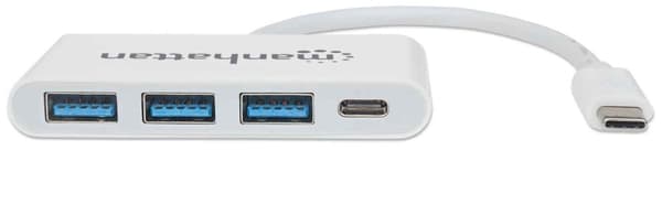 Manhattan USB-C Dock/Hub, Porte (x4): USB-A (x3) og USB-C, 5 Gbps (USB 3.2 Gen1 aka USB 3.0), Med strømforsyning (60W) til USB-C-port (Bemærk ekstra U