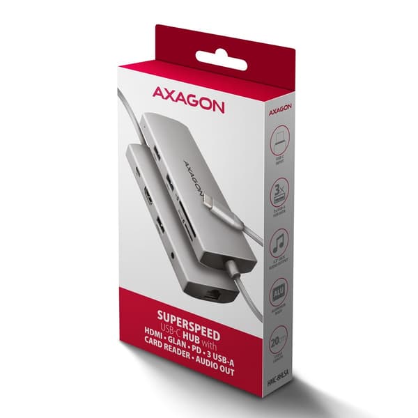 AXAGON HMC-8HLSA USB-C 3.2 Gen 1 Multiport Hub, 3x USB-A + 4K/60Hz HDMI + SD/microSD, Gigabit LAN, Ljud, PD 100W - Silver
