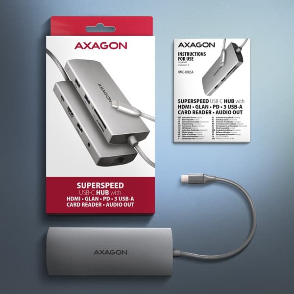 AXAGON HMC-8HLSA USB-C 3.2 Gen 1 Multiport Hub, 3x USB-A + 4K/60Hz HDMI + SD/microSD, Gigabit LAN, Ljud, PD 100W - Silver