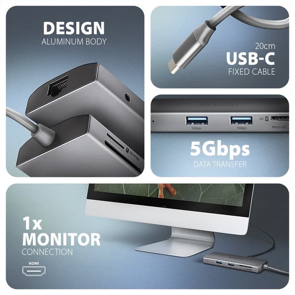 AXAGON HMC-8HLSA USB-C 3.2 Gen 1 Multiport Hub, 3x USB-A + 4K/60Hz HDMI + SD/microSD, Gigabit LAN, Ljud, PD 100W - Silver