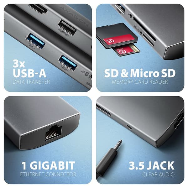 AXAGON HMC-8HLSA USB-C 3.2 Gen 1 Multiport Hub, 3x USB-A + 4K/60Hz HDMI + SD/microSD, Gigabit LAN, Ljud, PD 100W - Silver
