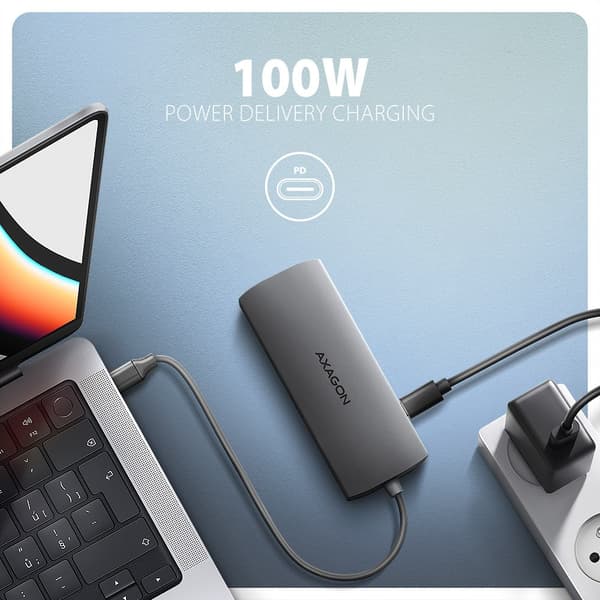 AXAGON HMC-8HLSA USB-C 3.2 Gen 1 Multiport Hub, 3x USB-A + 4K/60Hz HDMI + SD/microSD, Gigabit LAN, Ljud, PD 100W - Silver