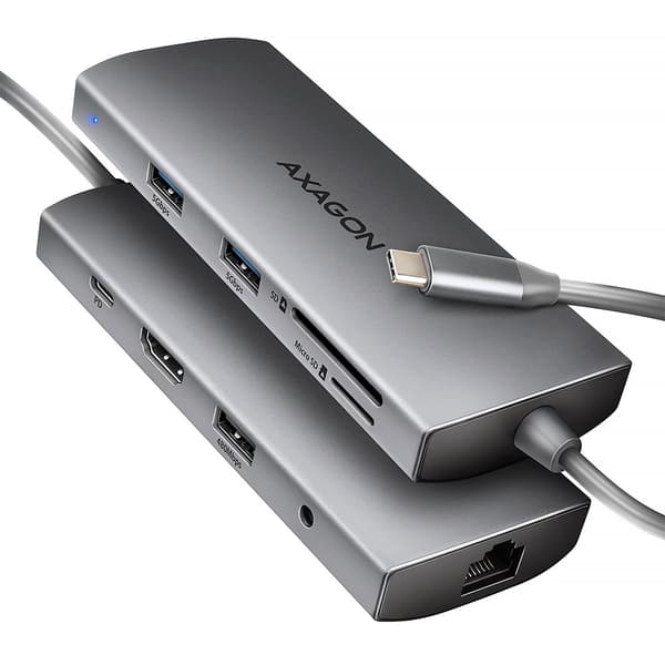 AXAGON HMC-8HLSA USB-C 3.2 Gen 1 Multiport Hub, 3x USB-A + 4K/60Hz HDMI + SD/microSD, Gigabit LAN, Ljud, PD 100W - Silver