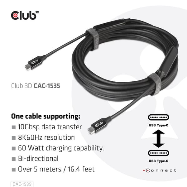 CLUB3D USB 3.2 Gen2 Type-C - C aktiivinen kaksisuuntainen kaapeli 8K60Hz M/M 5m / 16.4ft