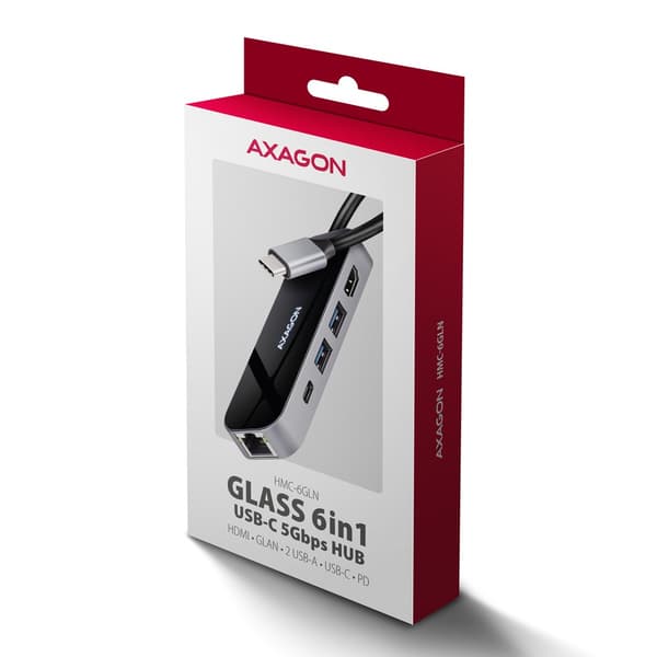 AXAGON HMC-6GLN USB-hub, 2x USB-A, 1x USB-C, 1x HDMI 2.0, 1x RJ45, 100 W PD – silver