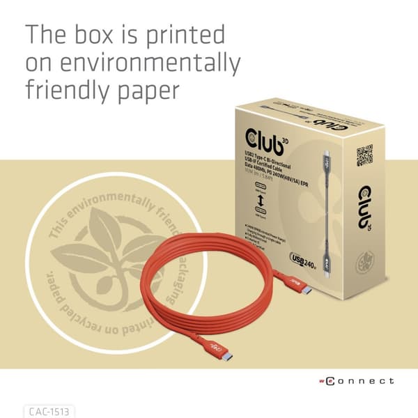 CLUB3D USB2 Typ-C Dubbelriktad USB-IF-certifierad datakabel 480Mb, PD 240W (48V/5A) EPR M/M 3m / 9,84 ft