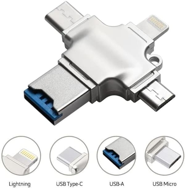 4-in-1 SD-kortinlukijan USB-sovitin – Lightning/USB-C/USB-A/Micro-USB-TF/SD-kortti iPhonelle, Androidille, PC:lle, Macille