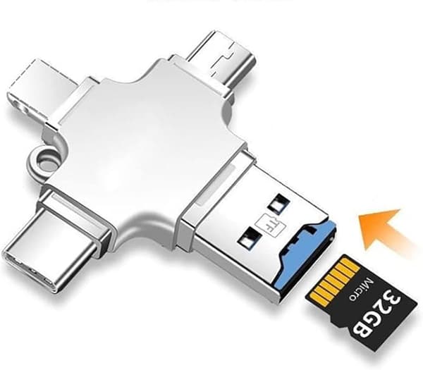 4-in-1 SD-kortinlukijan USB-sovitin – Lightning/USB-C/USB-A/Micro-USB-TF/SD-kortti iPhonelle, Androidille, PC:lle, Macille