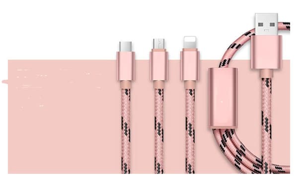 Tigerflätad nylonkabel micro-USB+Lightning+USB-C - Tre färger