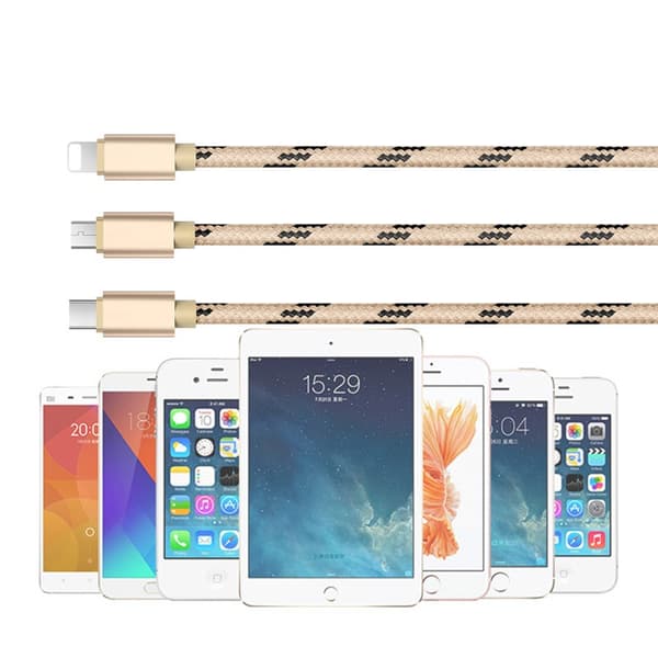 Tigerflätad nylonkabel micro-USB+Lightning+USB-C - Tre färger
