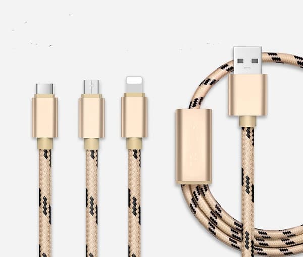 Tigerflätad nylonkabel micro-USB+Lightning+USB-C - Tre färger