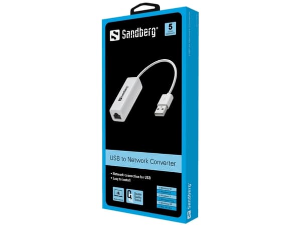 Sandberg USB to Network Converter, Langallinen, USB, Ethernet, 480 Mbit/s, Valkoinen