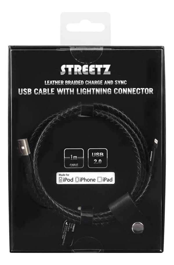 STREETZ IPLH-582 synk-/laddarkabel läderklädd, MFi 1m