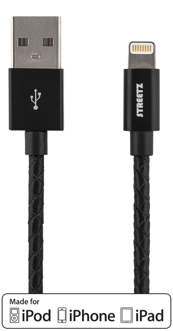 STREETZ IPLH-582 synk-/laddarkabel läderklädd, MFi 1m