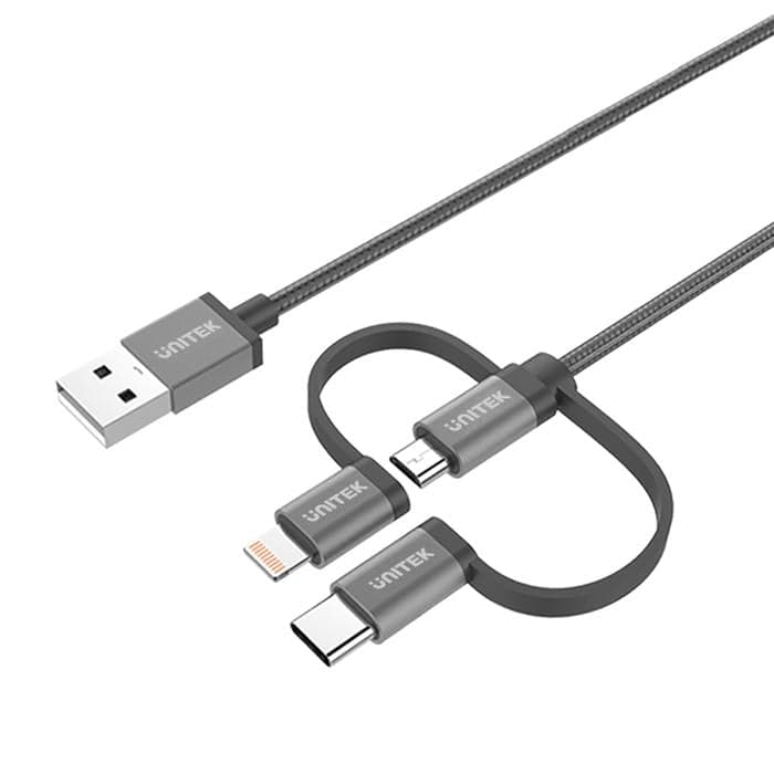 UNITEK Y-C4036AGY USB A till Multihead till 1xLightning (Non MFI) 1x USB C 1x MicroUSB 1m