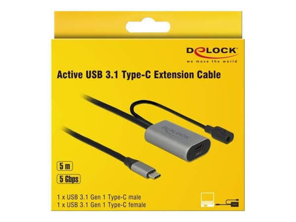 Delock - USB-jatkojohto - USB-C (uros) DC-liitäntään, USB-C (naaras) - USB 3.1 Gen 1 - 5 m - harmaa, musta