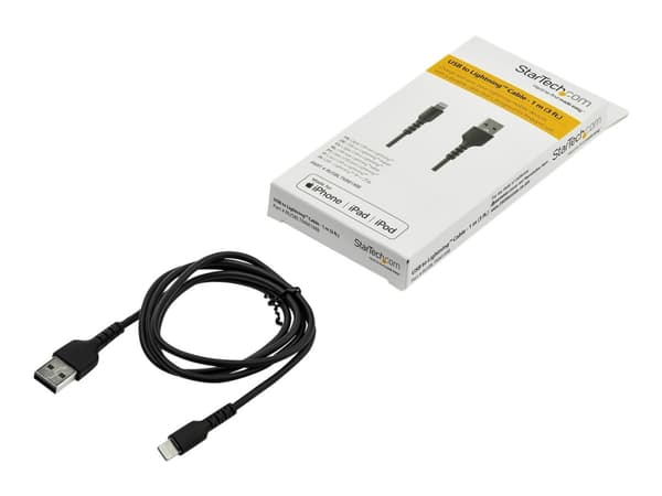 StarTech.com 1m tålig svart USB-A till Blixtkabel - Tungt, robust aramifiber USB typ A till Blixtladdare/synkron strömsladd - Apple MFi-certifierad i