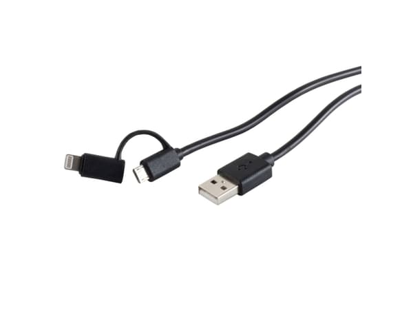 S-Conn 14-14025, 1 m, USB 2.0 A/USB Micro B, Lightning, Svart, USB 2.0, 1,5 A