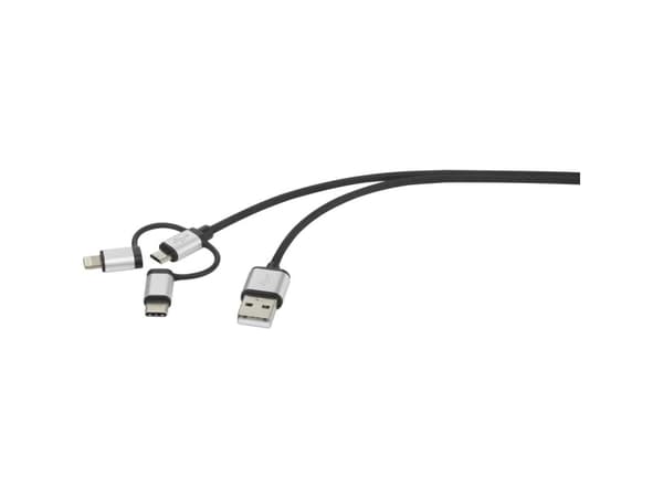 Renkforce RF-3335108, 1 m, USB A, USB C/Micro-USB B/Lightning, USB 2.0, 0,48 Gbit/s, Grå