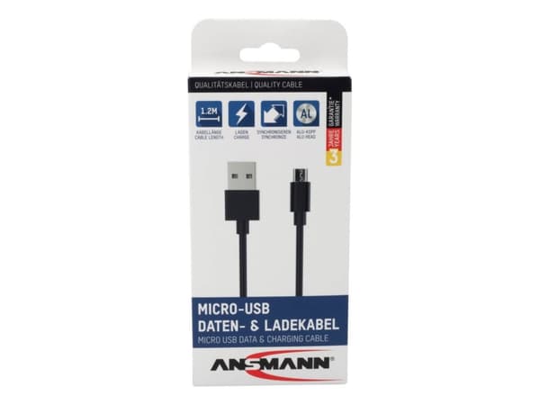 Ansmann 1700-0076, 1,2 m, USB A, Micro-USB B, Hane/Hane, 0,48 Gbit/s, Svart