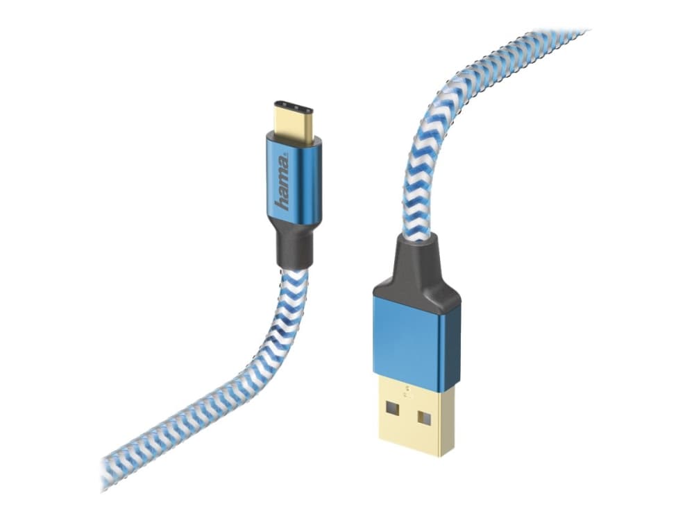 Hama Prime Line "Reflective" - USB-kabel - USB-C (han) til USB (han) - USB 2.0 - 20 V - 3 A - 1,5 m - formet - blå