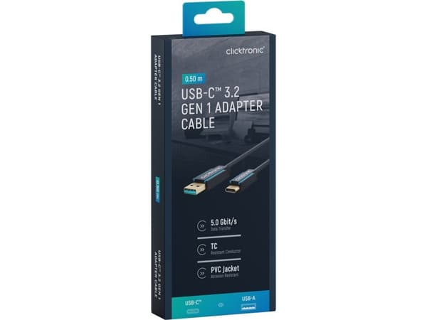 ClickTronic 45123, 0,5 m, USB C, USB A, USB 3.2 Gen 1 (3.1 Gen 1), Svart