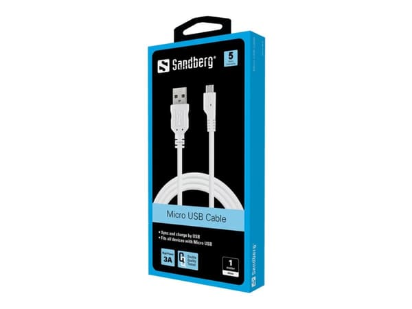 Sandberg MicroUSB Sync/Charge Cable 1m, 1 m, USB A, Micro-USB B, USB 2.0, Uros/uros, Valkoinen