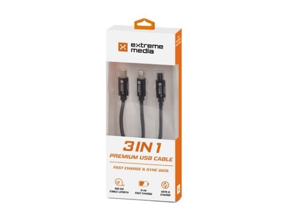 USB Natec Extreme Media microUSB + Lightning + USB Type-C to USB (M) cable, 1m, black