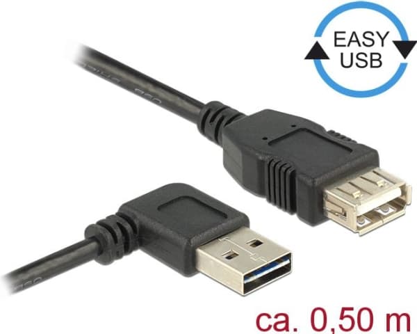 Delock Easy - USB-förlängningskabel - USB (hane) vänster-/högervinklad, vändbar till USB (hona) - USB 2.0 - 50 cm - svart