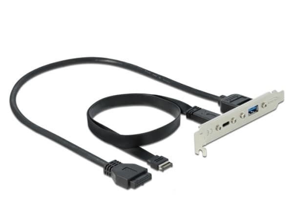 Delock Slot bracket - USB-panel - 19-stifts USB 3.0-kontakt, 20-stift USB 3.1-överdel till USB typ A, 24 pin USB-C (hona) - 5 / 20 V - 50 cm - svart