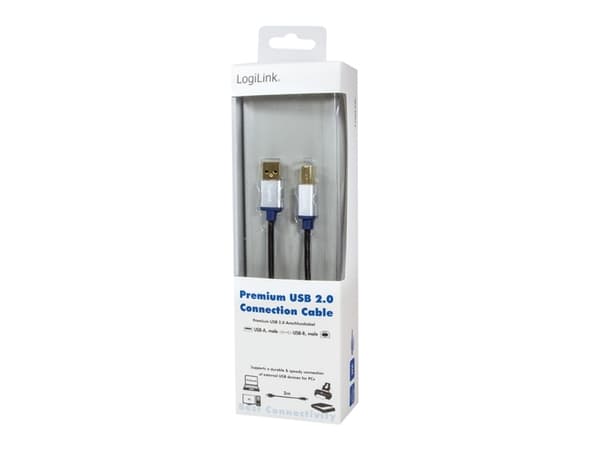 LogiLink 2m, USB2.0-A/USB2.0-B, 2 m, USB A, USB B, USB 2.0, Hane/Hane, Svart